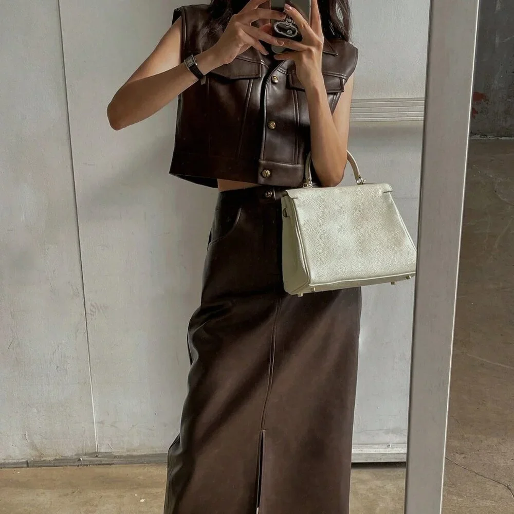 Brown Womens faux leather Sleeveless Jacket Vest & Split Hem Straigt skirt